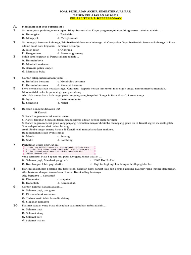 Soal UAS Kelas 2 Tema Kebersamaan PDF Soal UAS Kelas 2 Tema Kebersamaan PDF