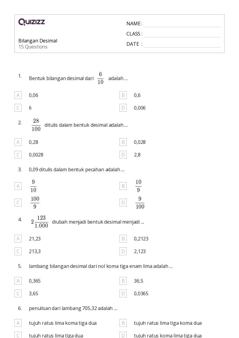 Mais de 50 planilhas Desimal no Quizizz Gratuito e imprimível