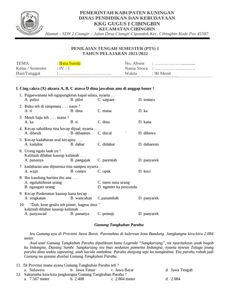 Soal PTS Bahasa Sunda Kelas 4 Semester 1 PDF