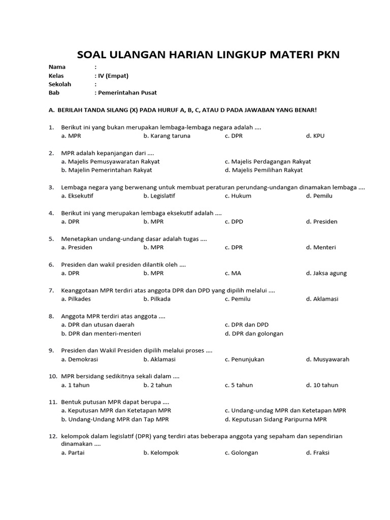 Soal PKN Kelas 4 Pemerintahan Pusat PDF Politik Soal PKN Kelas 4 Pemerintahan Pusat PDF Politik