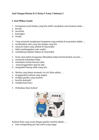 Soal Ulangan Harian K-13 Kelas 5 Tema 3 Subtema 2