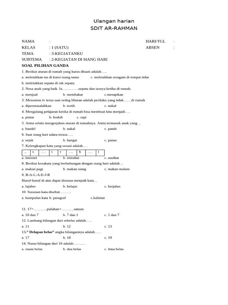 7 Rahasia Contoh Soal Ulangan Kelas 1 Tema 3 Subtema 2 yang Wajib Diketahui Sebelum Ujian!