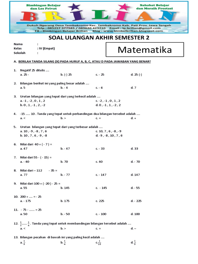 Soal UAS Matematika Kelas 4 Semester 2 PDF Soal UAS Matematika Kelas 4 Semester 2 PDF