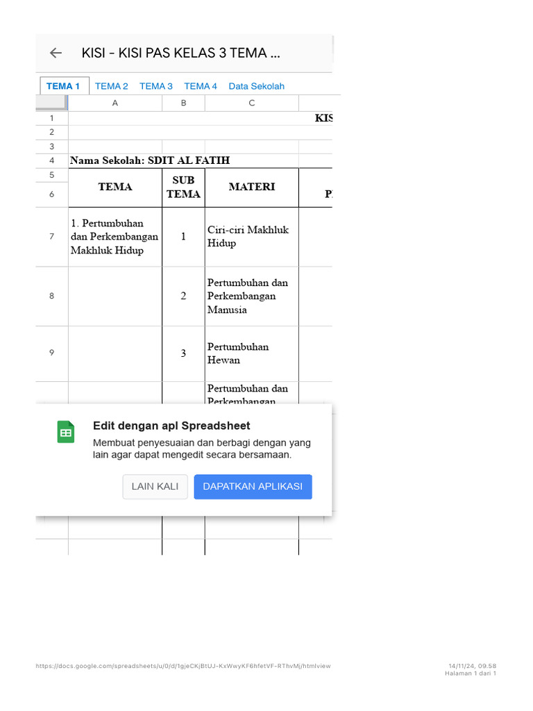 Kisi-Kisi Penilaian Kelas 3 Tema 1 PDF