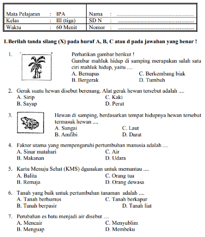 SOAL DAN JAWABAN PAS - UAS IPA KELAS 3 SD SEMESTER 1