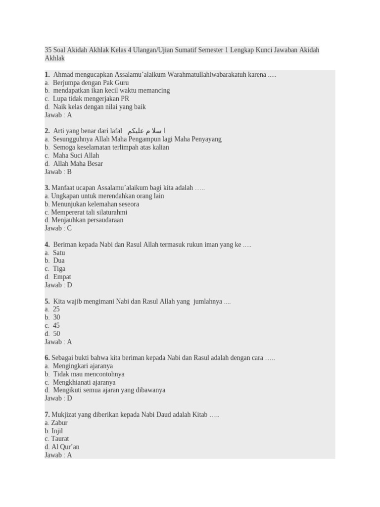 Soal Akidah Akhlak Kelas 4 Semester 1 PDF