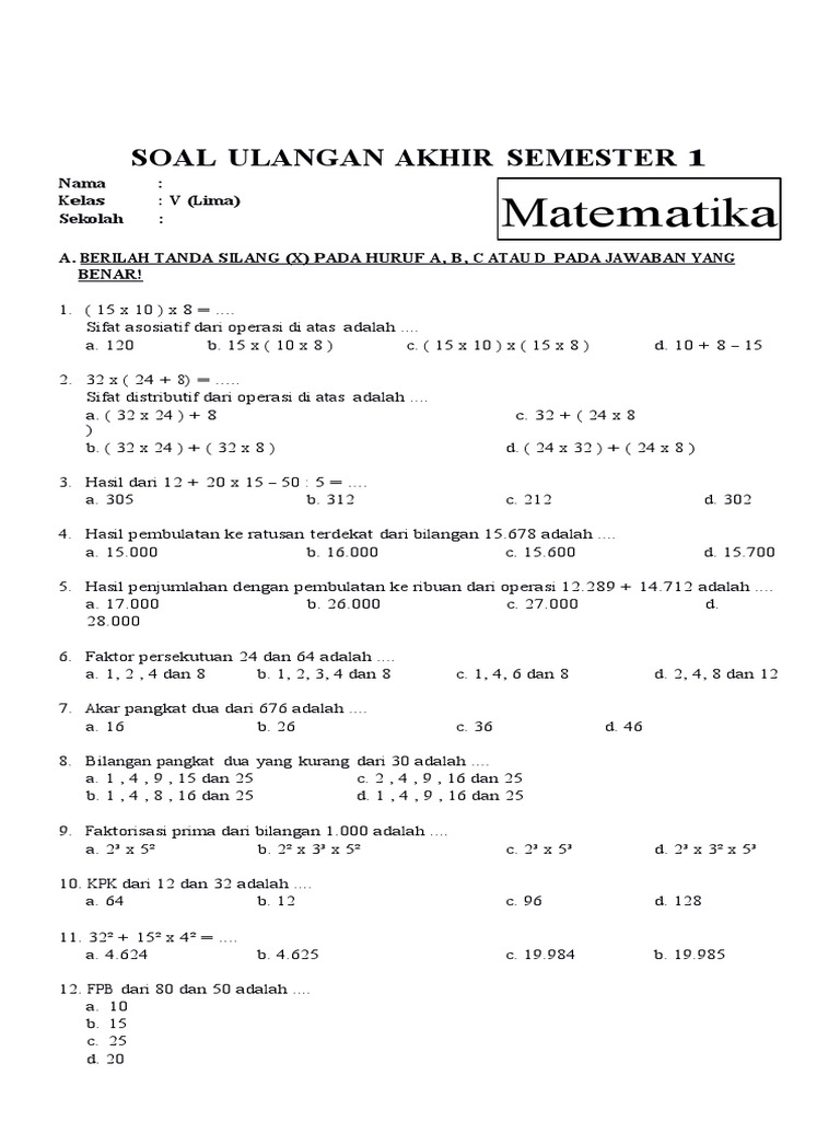 Rahasia Nilai Sempurna dengan Latihan Soal UAS Matematika Semester 1 Kelas 5 Terbaru Rahasia Nilai Sempurna dengan Latihan Soal UAS Matematika Semester 1 Kelas 5 Terbaru
